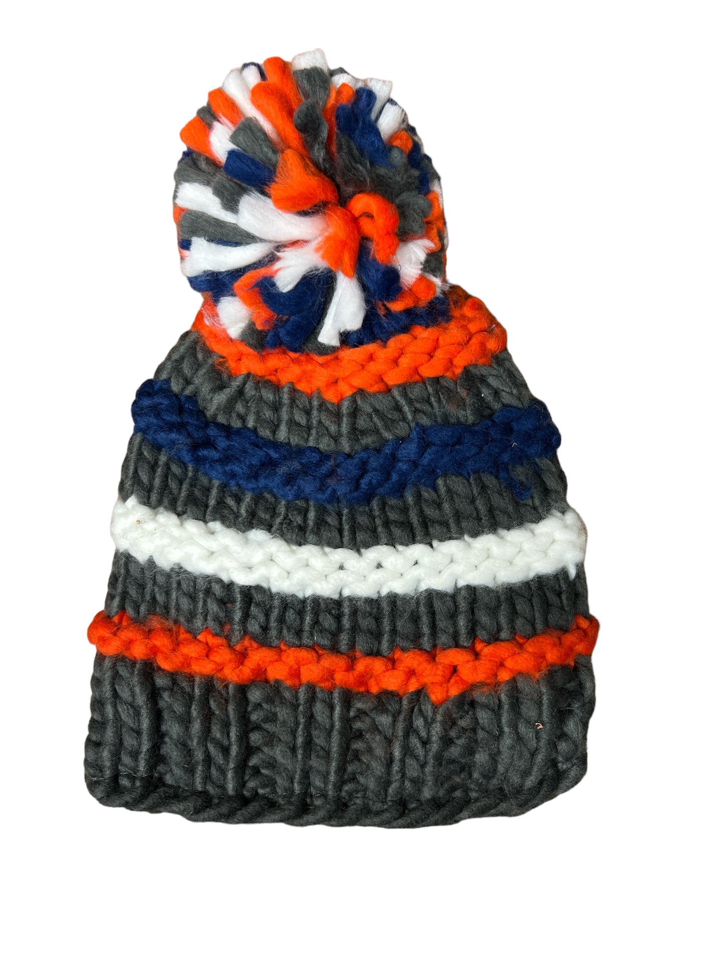 Wunderschöne grobe Kinderstrickmütze 5 Jahre - 10 Jahre mit Bommel in grau gestreift