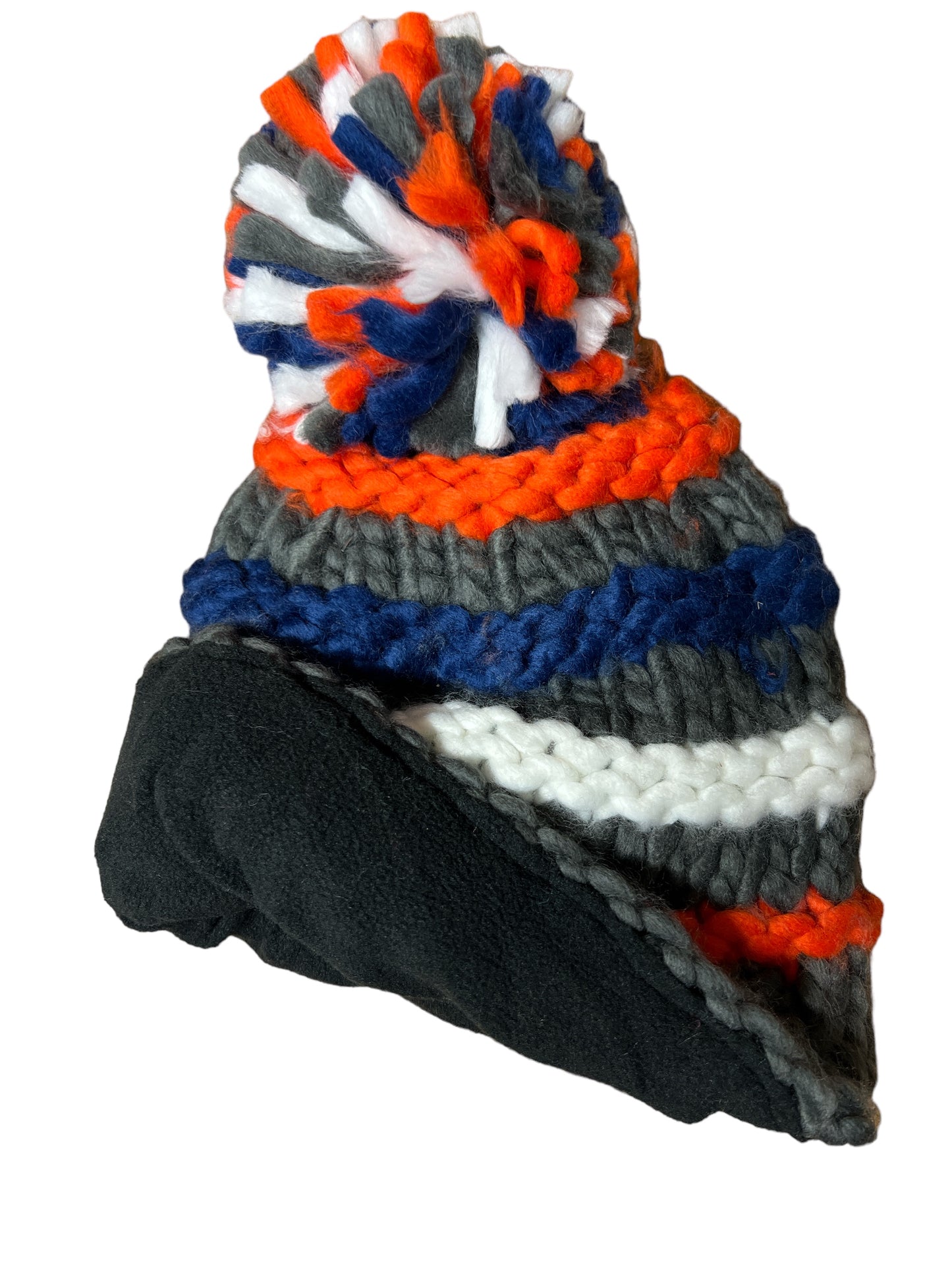 Wunderschöne grobe Kinderstrickmütze 5 Jahre - 10 Jahre mit Bommel in grau gestreift