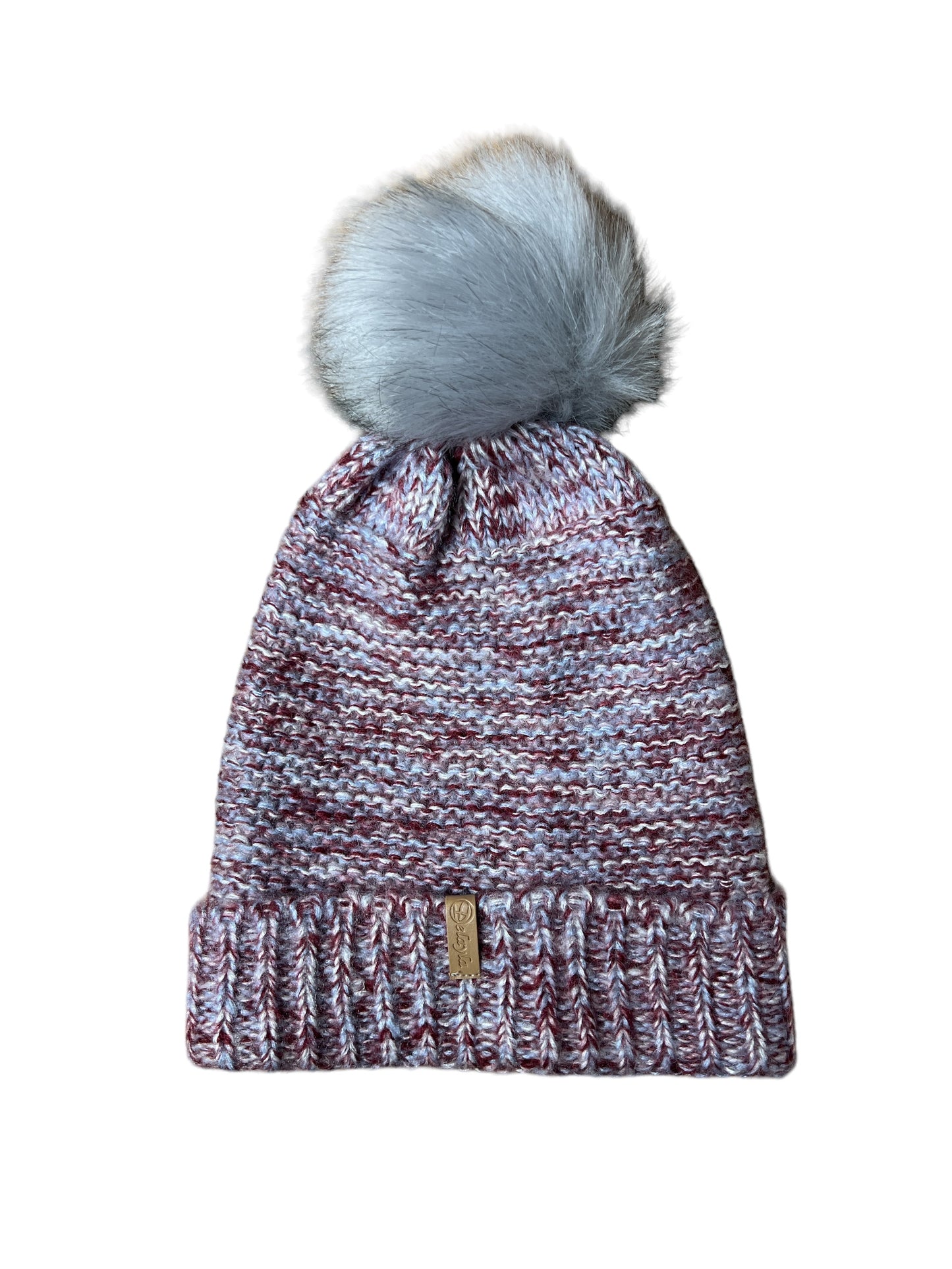 Damen Strickmütze Bordeaux rot / Grau meliert mit schönem grauen Bommel