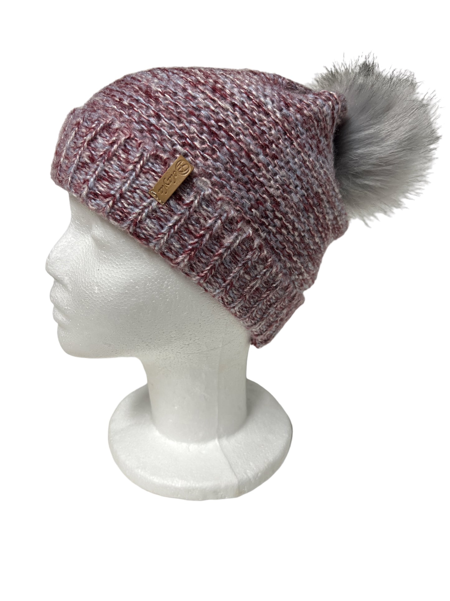 Damen Strickmütze Bordeaux rot / Grau meliert mit schönem grauen Bommel