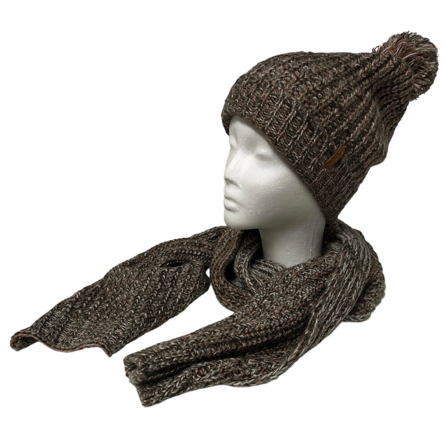 Winterset aus Mütze, Schal und Handschuhen in beige mit Rosé - Super flauschig mit Bommel und Glitzer-Effekt