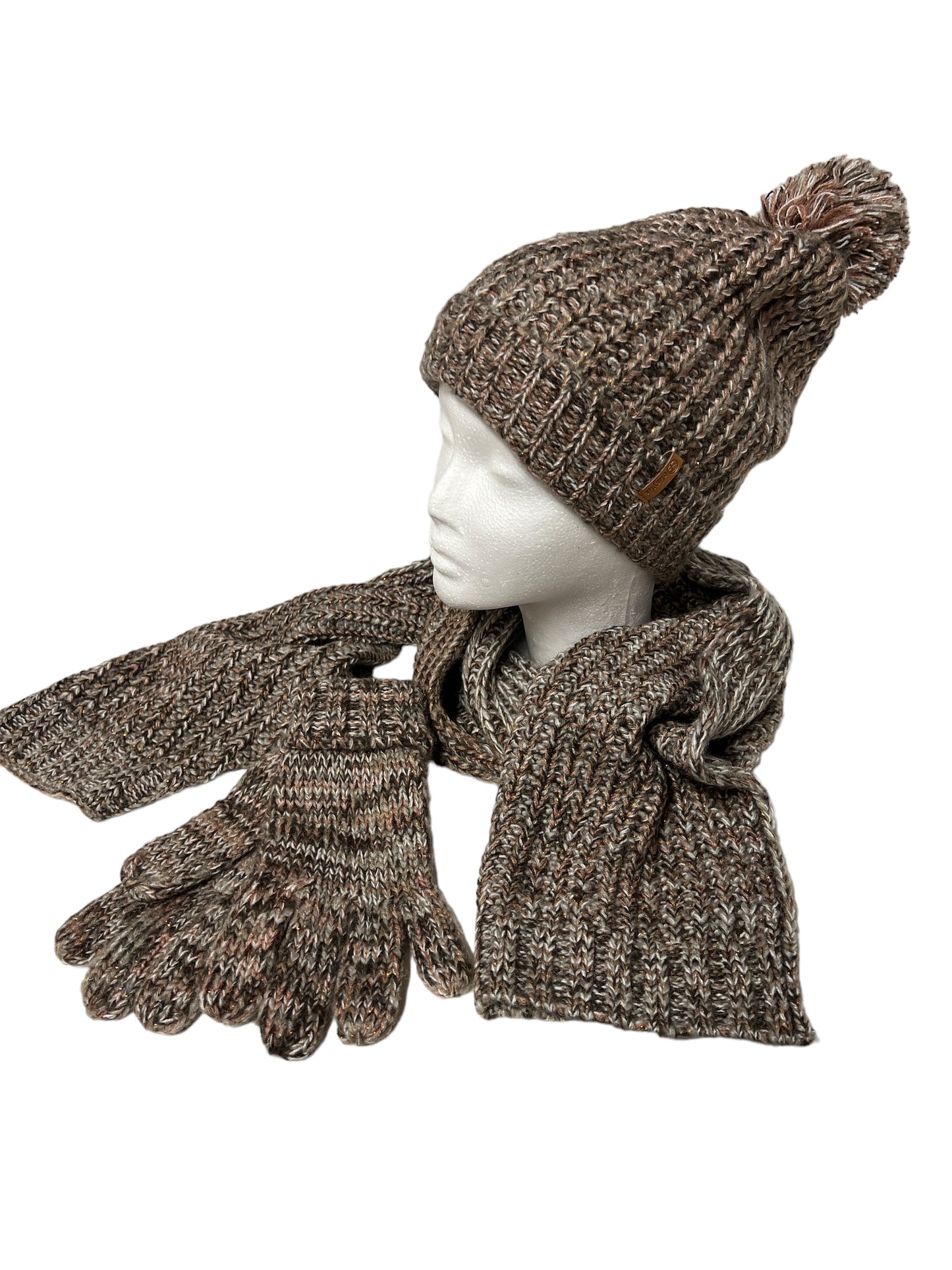 Winterset aus Mütze, Schal und Handschuhen in beige mit Rosé - Super flauschig mit Bommel und Glitzer-Effekt