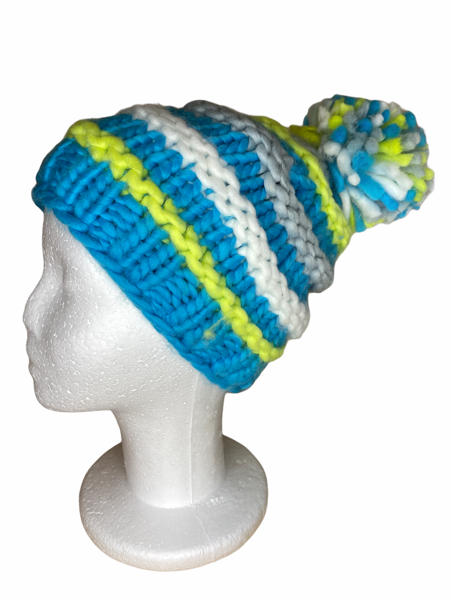 Bunte Kinderstrickmütze 5 Jahre bis 10 Jahre mit Bommel