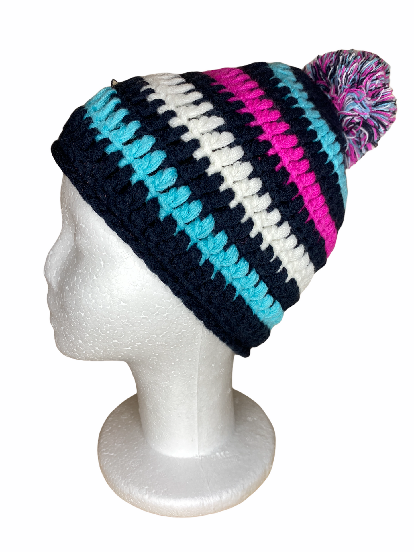 Bunte Kinderstrickmütze 5 Jahre - 10 Jahre mit Bommel