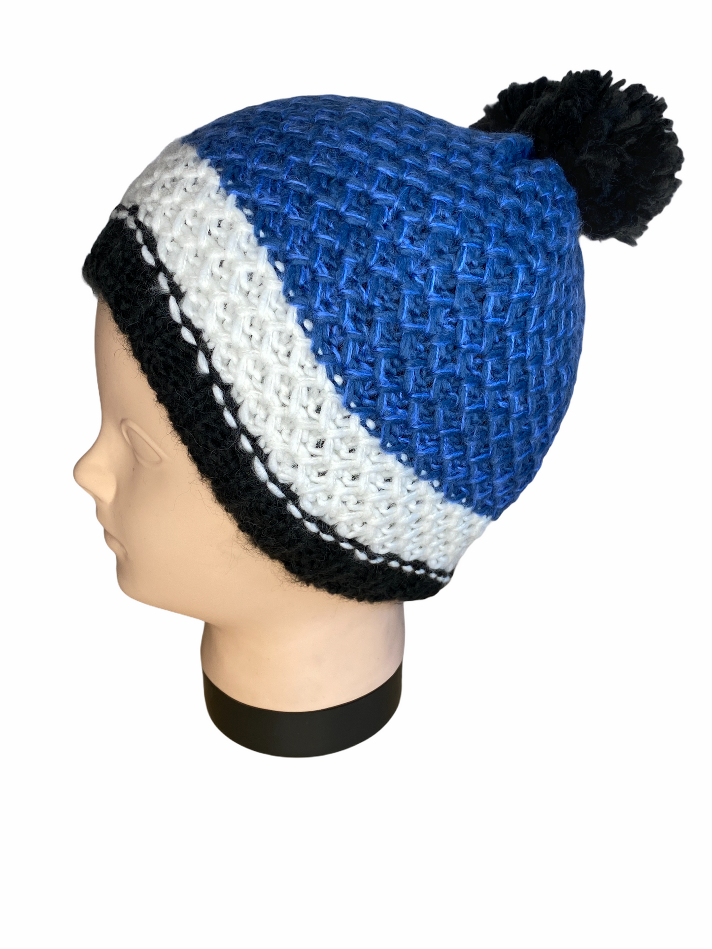 Wunderschöne Kinder Strickmütze 5 Jahre - 10 Jahre mit Bommel in blau, weiß, schwarz gestreift mit Bommel