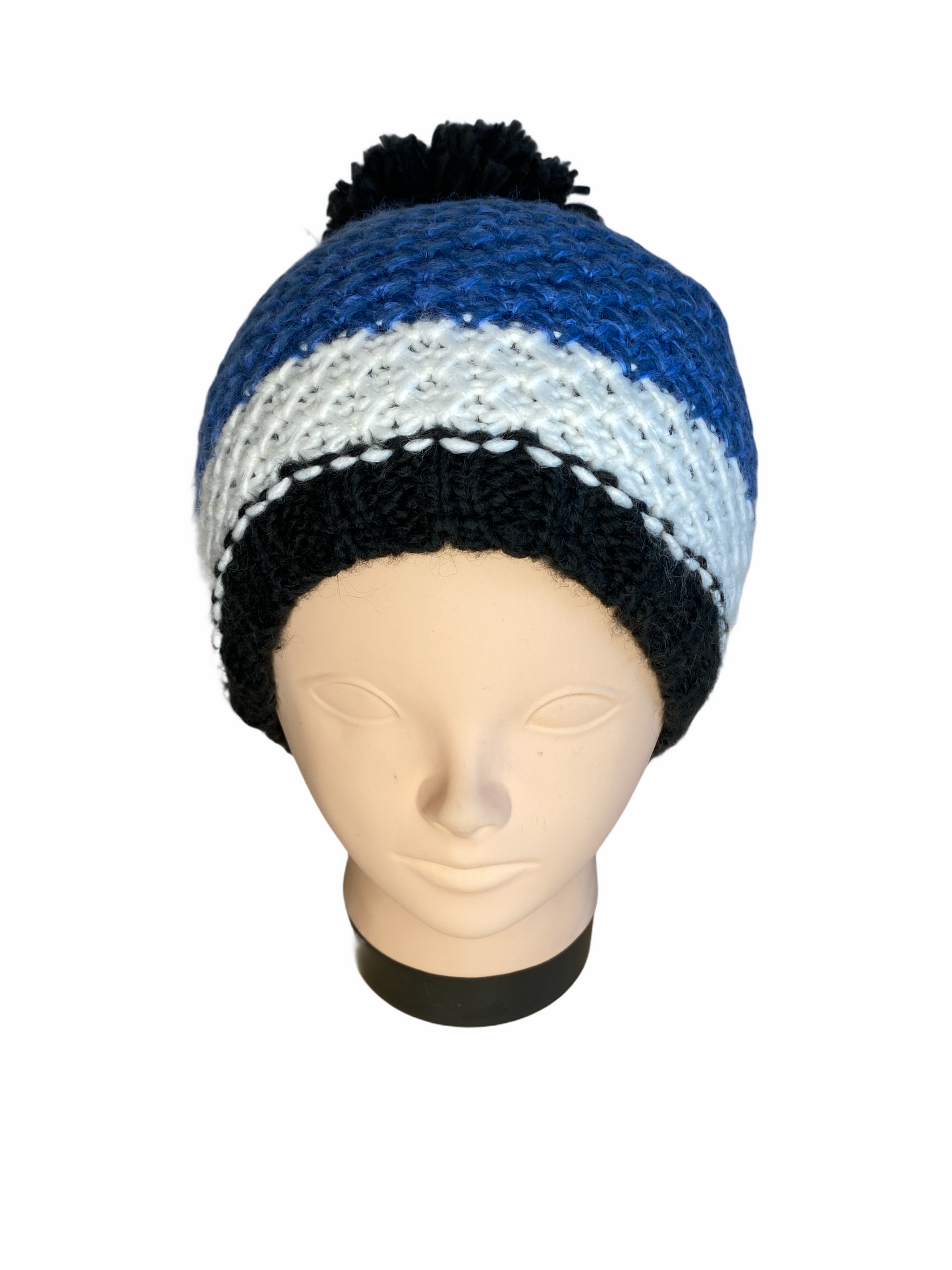Wunderschöne Kinder Strickmütze 5 Jahre - 10 Jahre mit Bommel in blau, weiß, schwarz gestreift mit Bommel