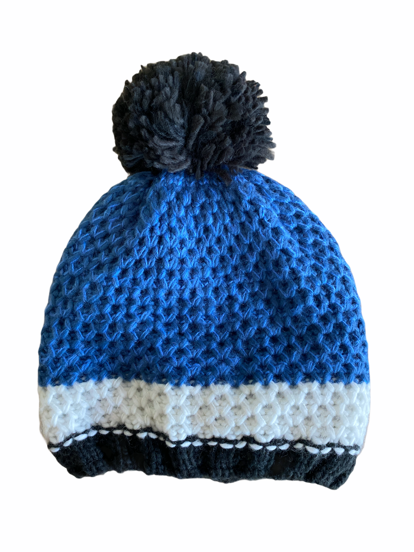 Wunderschöne Kinder Strickmütze 5 Jahre - 10 Jahre mit Bommel in blau, weiß, schwarz gestreift mit Bommel