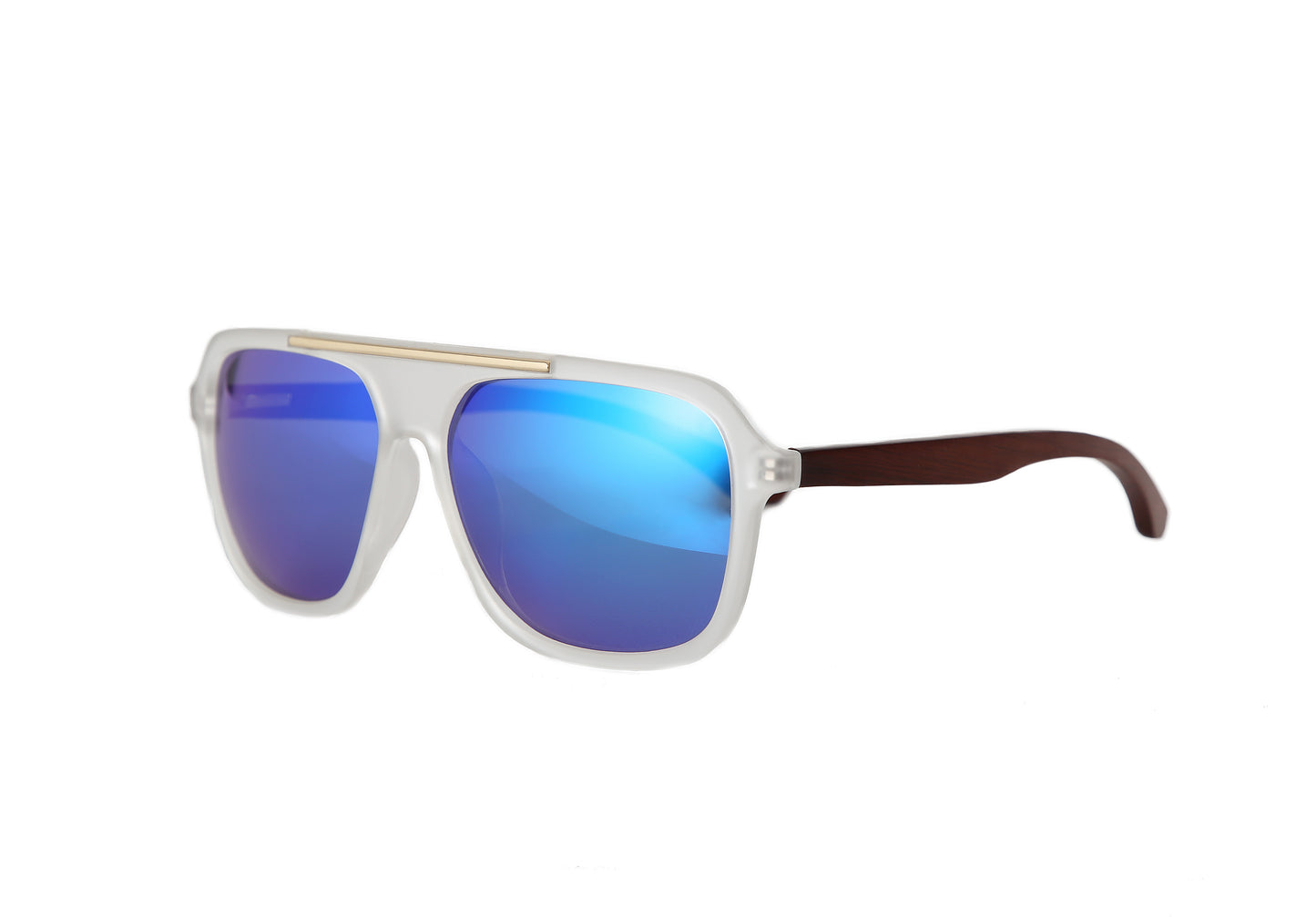 Holz Sonnenbrille Main mit Bügeln aus Mammutbaum Holz, blau verspiegelten Gläsern und transparenten Rahmen