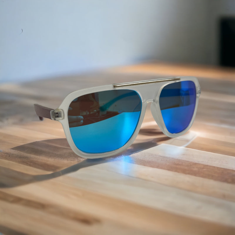 Holz Sonnenbrille Main mit Bügeln aus Mammutbaum Holz, blau verspiegelten Gläsern und transparenten Rahmen
