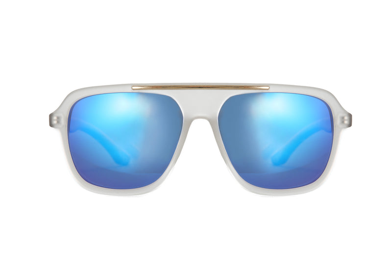 Holz Sonnenbrille Main mit Bügeln aus Mammutbaum Holz, blau verspiegelten Gläsern und transparenten Rahmen